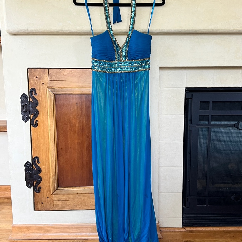 Semi sheer blue and green Halter maxi dress